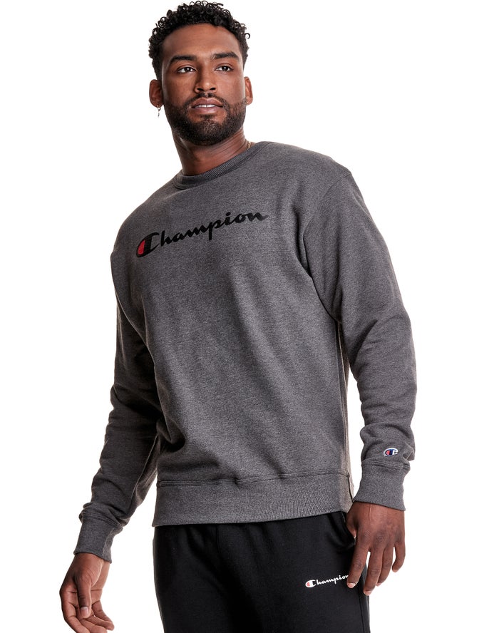 Champion Powerblend Crew Script Logo Erkek Sweatshirt Koyu Gri ( YEITJA801 )